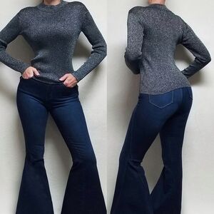 90s Vintage Joseph A. Gunmetal Silver Metallic Silk Ribbed Knit Mockneck Sweater